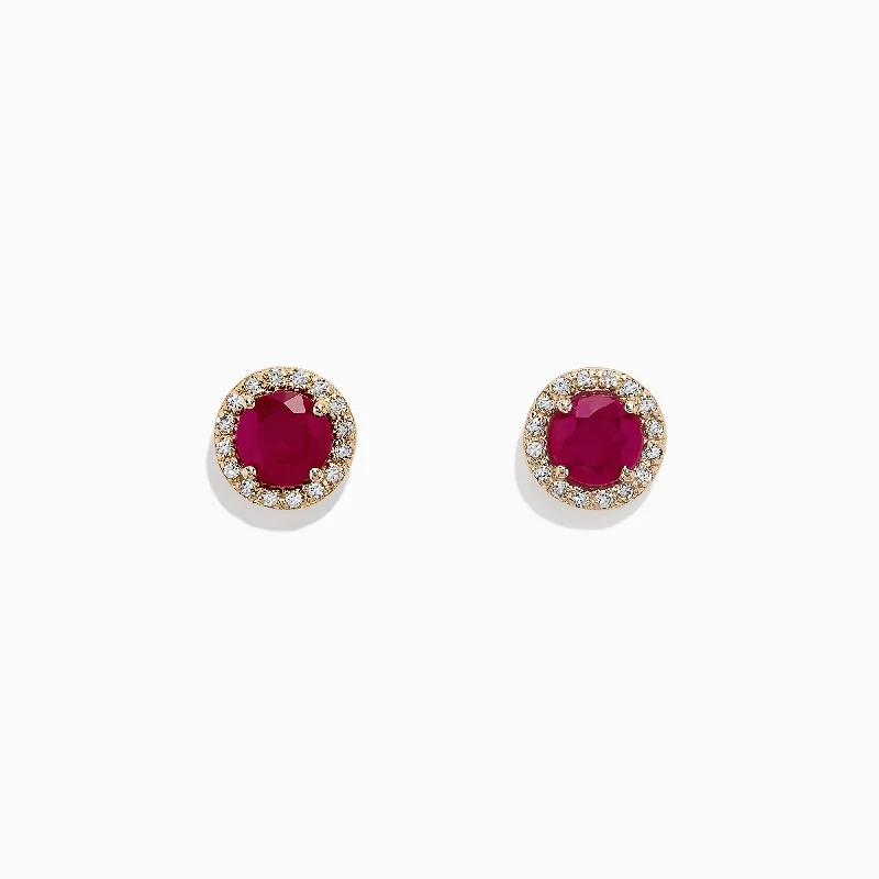 Ladies Earrings Light Feel-Ruby Royale 14K Yellow Gold Round Diamond Halo Ruby Stud Earrings, 1.27 TCW