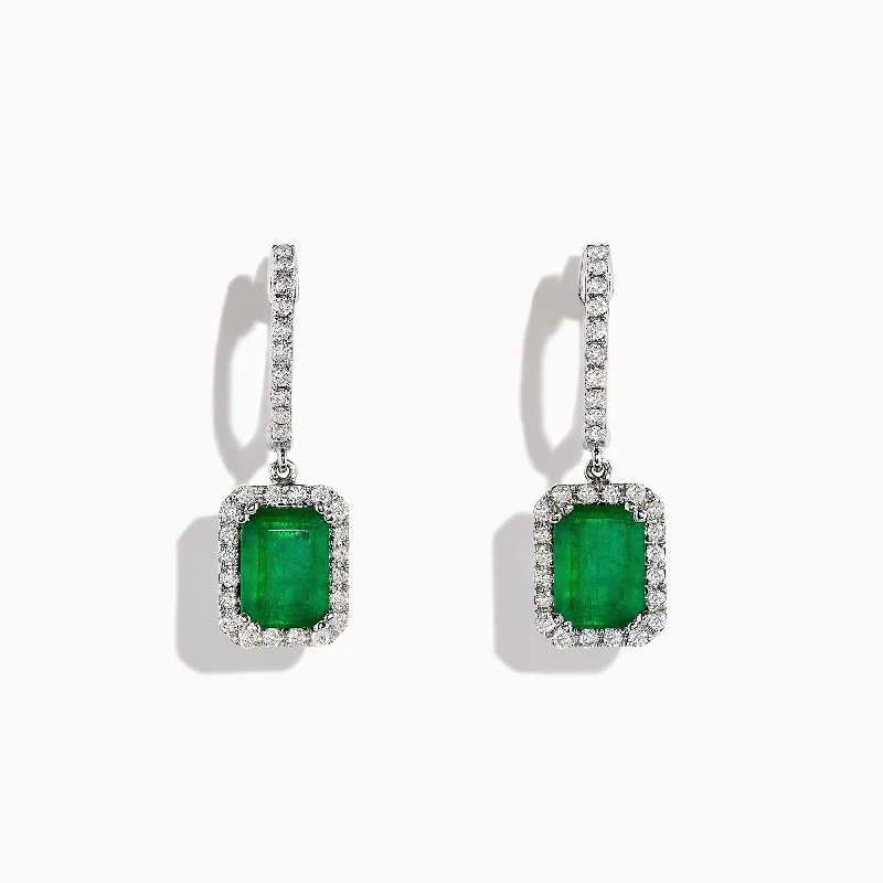 Ladies Earrings for Friend Spark-14K White Gold Emerald and Diamond Drop Earrings, 2.30 TCW