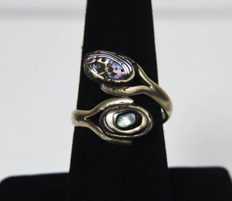 Ladies Cross Rings -Silver Bypass Abalone Shell Ring - Size 6.5