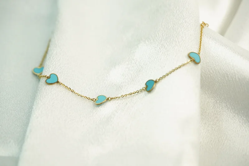 Ladies Slim Line Bracelets -14k Aqua Hearts Bracelet