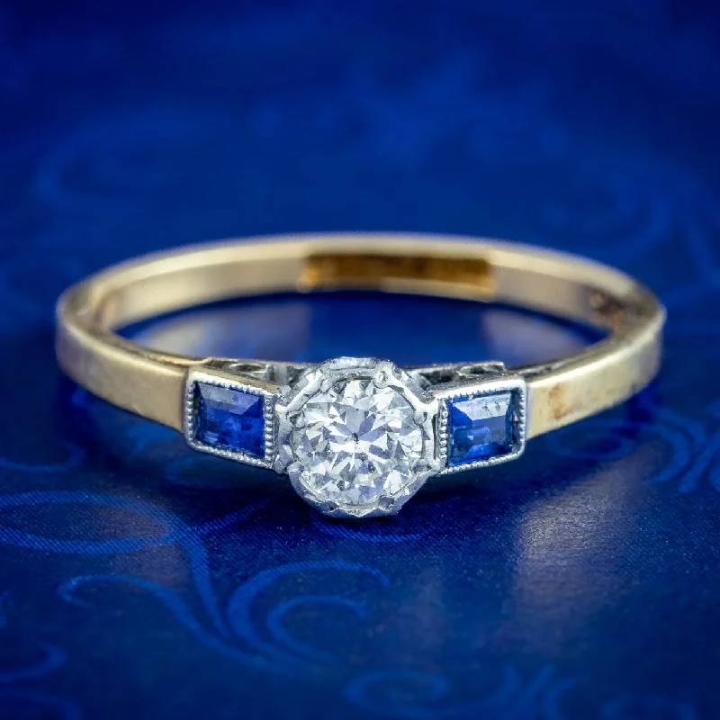 Ladies Zodiac Rings -Antique Art Deco Diamond Sapphire Trilogy Ring 0.30ct Diamond