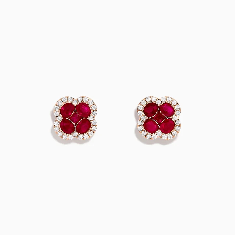 Ladies Earrings with Flame Glow-Ruby Royale 14K Rose Gold Ruby and Diamond Flower Stud Earrings