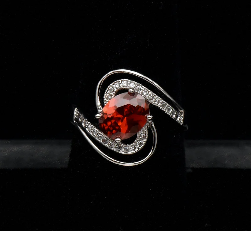 Ladies Handmade Rings -Vintage Red Cubic Zirconia 18k White Gold Plated Ring - Size 7