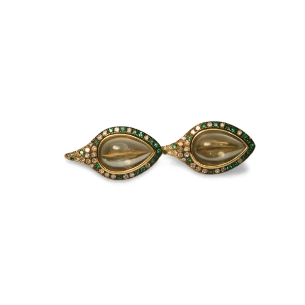 Ladies Earrings with Initial Glow-Gorgeous 14K Yellow Gold Cabochon Green Amethyst Tsavorite Diamond Leaf Earrings