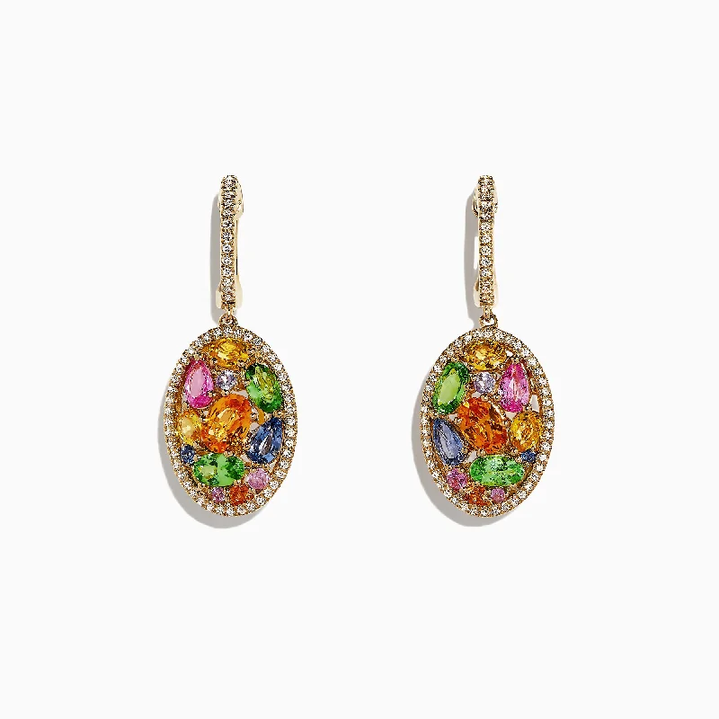 Ladies Earrings for Beach Spark-Watercolors 14K Gold Multi Sapphire & Diamond Earrings, 5.11 TCW