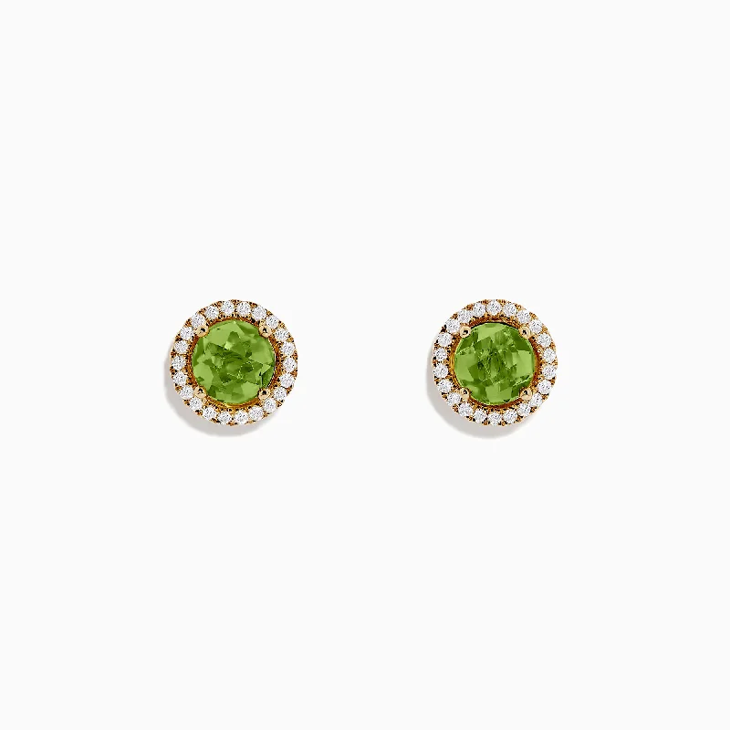 Ladies Earrings with Custom Glow-14k Yellow Gold Peridot and Diamond Stud Earrings, 2.21 TCW