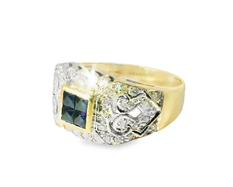 Ladies Forest Rings -Fabulous Antique 14K Yellow Gold Sapphire Diamond Filigree Cluster Band Ring