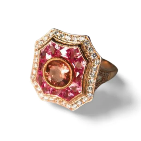 Ladies Princess Cut Rings -Gorgeous Art Deco 14K Pink Rose Gold Pink Tourmaline Hand Cut Pink Sapphire Diamond Ring Band