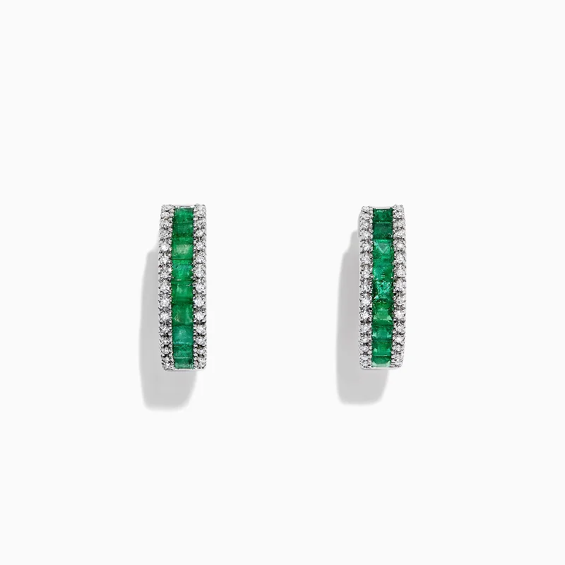 Ladies Earrings with Green Aventurine-Brasilica 14K White Gold Emerald and Diamond Hoop Earrings, 2.04 TCW