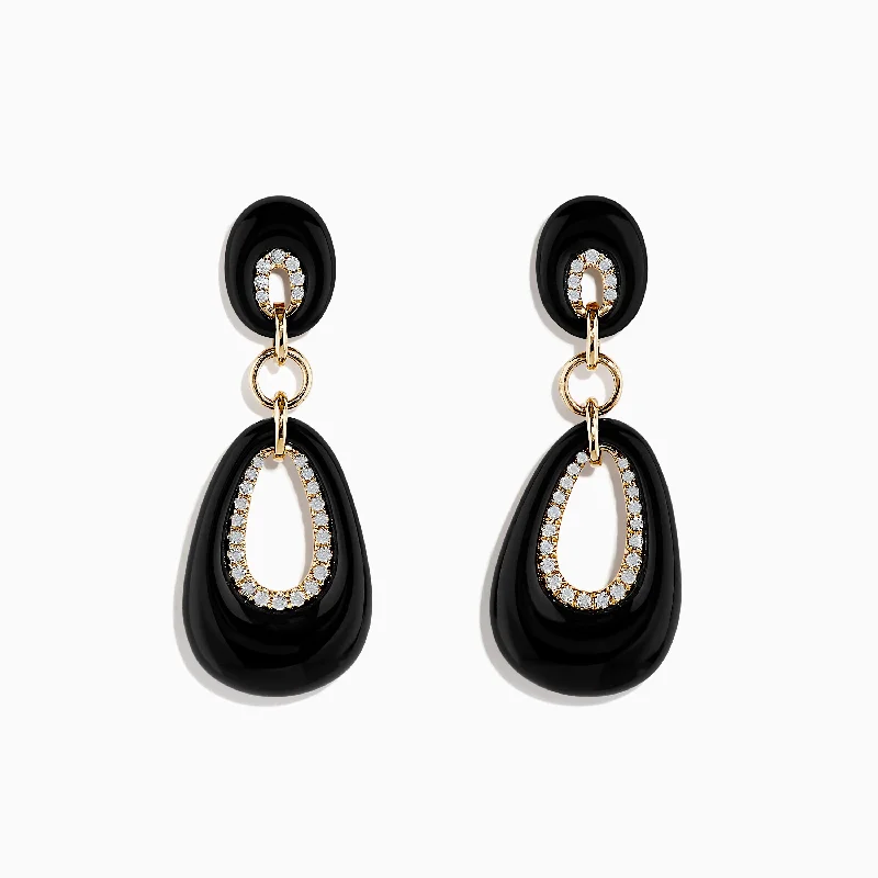 Ladies Earrings with Yellow Xenotime-Eclipse 14K Yellow Gold Onyx and Diamond Drop Earrings