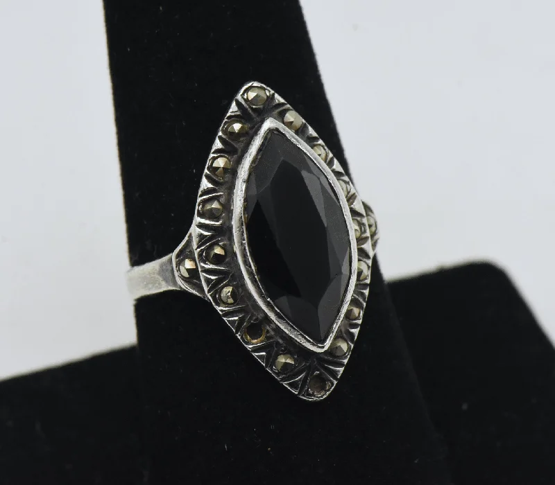 Ladies Narrow Rings -Vintage Sterling Silver Black Onyx and Marcasite Ring - Size 8