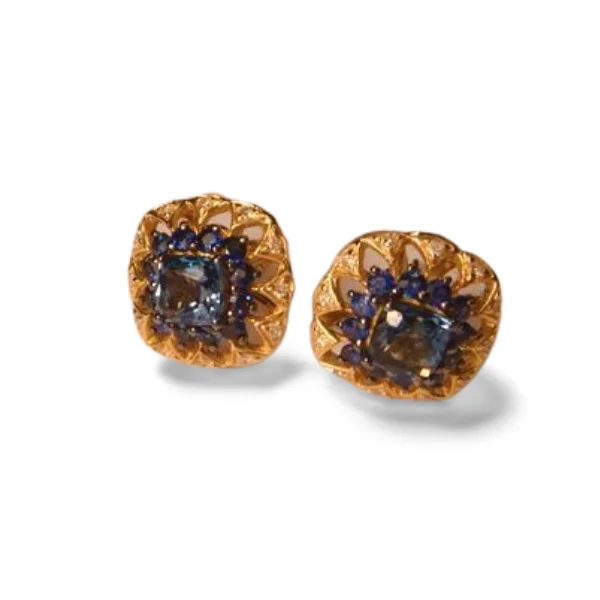 Ladies Earrings with Pure Okenite-Fascinating 14K Yellow Gold Blue Topaz Sapphire Diamond Stud Earrings