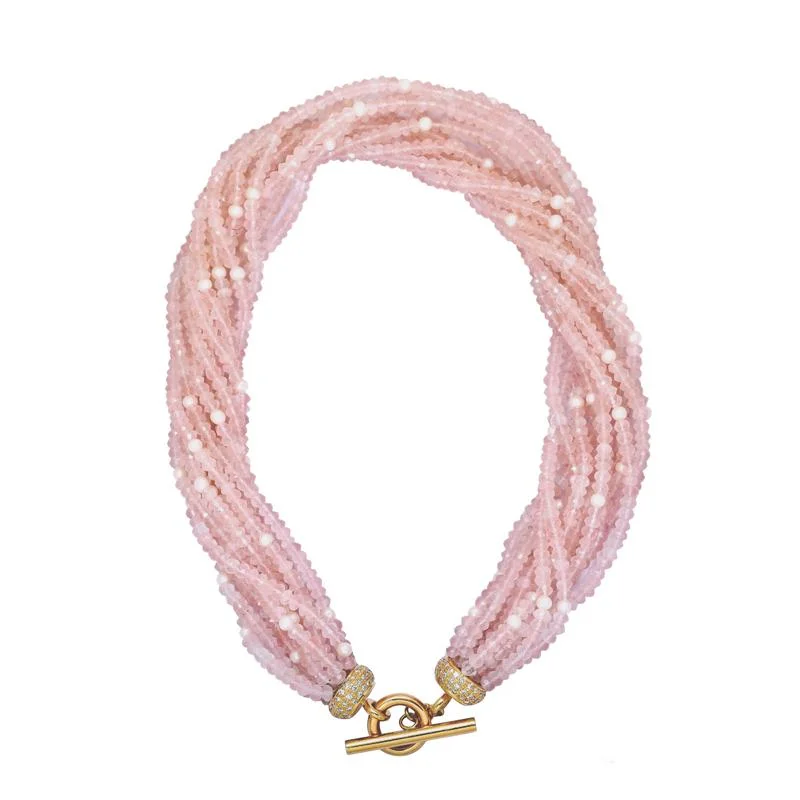 Ladies Necklaces Low Cost-Toggle Necklace - Rose Quartz, Pearl and Diamond  (2210A)