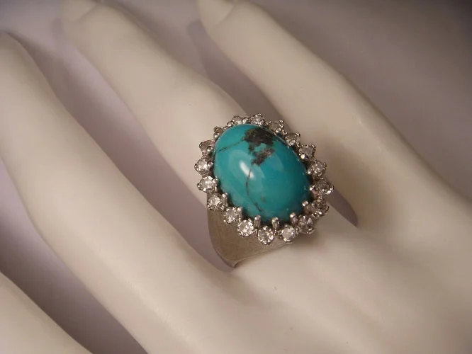 Ladies Party Rings -Stunning Estate 18K White Gold Cabochon Turquoise Diamond Ring Band