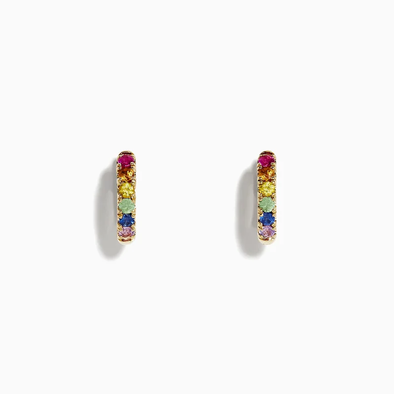 Ladies Earrings Dark Edge-Watercolor 14k Gold Multi Sapphire Huggie Earrings