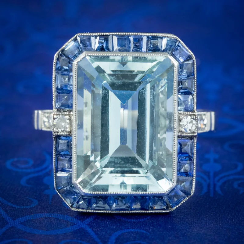 Ladies Retro Rings -Art Deco Style Aquamarine Sapphire Diamond Cocktail Ring 7.29ct Aqua