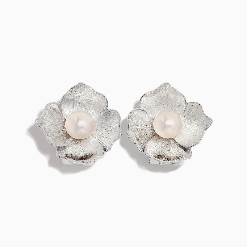 Ladies Earrings with Leaf Shine-925 Sterling Silver Cultured Fresh Water Pearl Flower Earrings