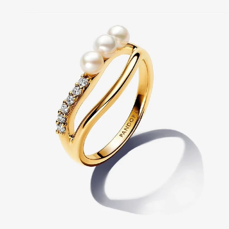 Ladies Minimal Rings -PANDORA : Treated Freshwater Cultured Pearl & Organically Shaped Double Band Ring in Gold