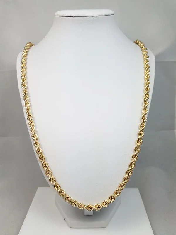 Ladies Necklaces with Cyan Euclase-New Grand 10k Yellow Gold Hollow Rope Chain 6.2mm/28" Necklace