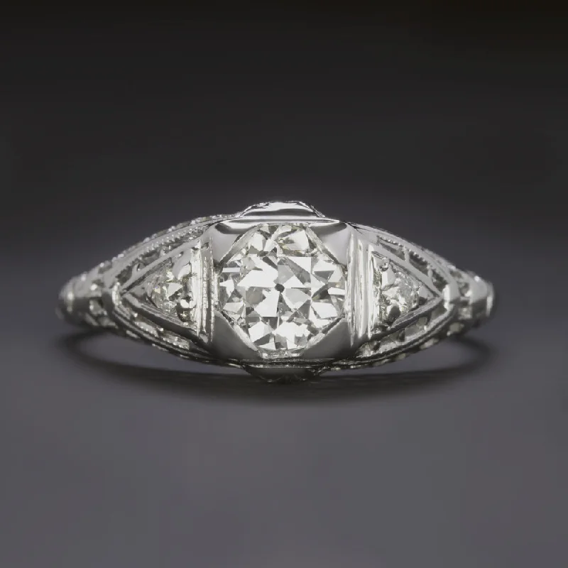 Ladies Engagement Rings Three Glow-0.62ct OLD EUROPEAN CUT DIAMOND ART DECO ENGAGEMENT RING 18k FILIGREE VINTAGE