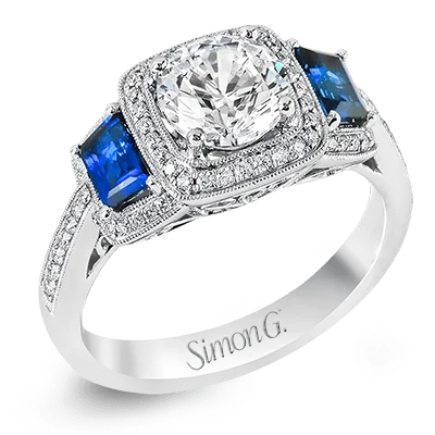 Ladies Engagement Rings with Glaucophane Spark-Round-Cut Three-Stone Halo Engagement Ring In 18k Gold With Diamonds & Sapphires MR2247-A