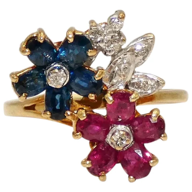 Ladies Thick Rings -14K Gold Ruby, Sapphires, & Diamond Flower Ring