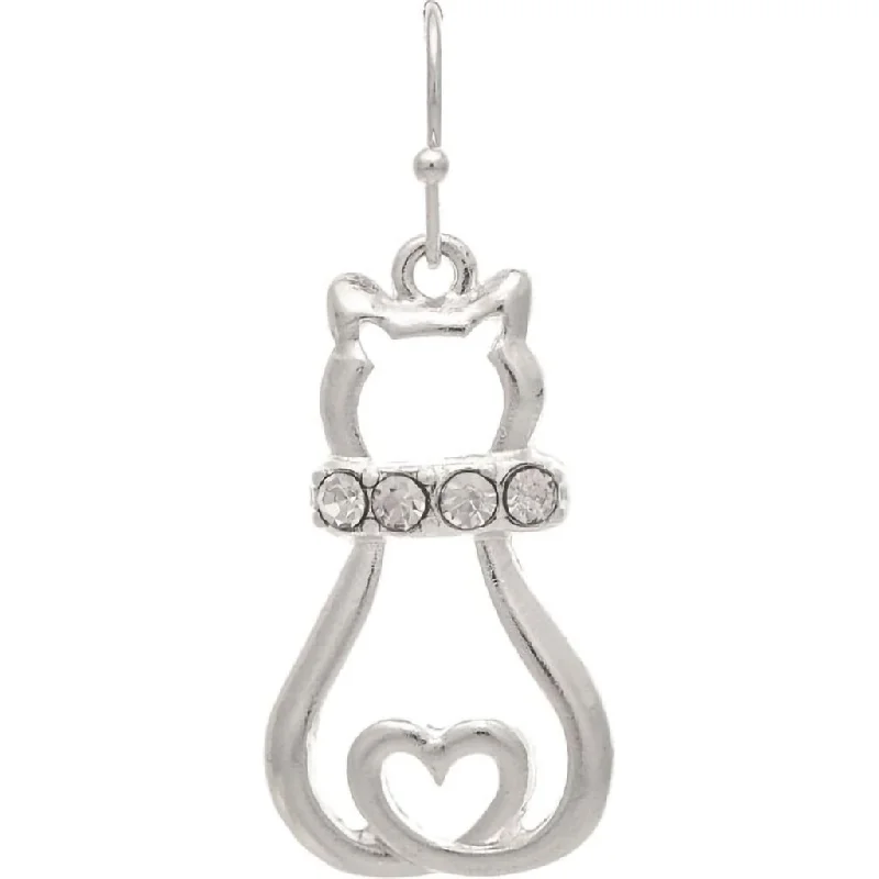 Ladies Earrings for Evening Spark-Rain : Silver Crystal Love Kitty Cat Outline Earrings