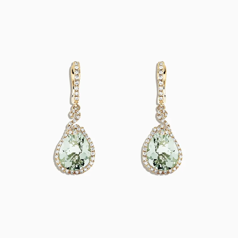 Ladies Earrings for Doctor Spark-14K Yellow Gold Green Amethyst and Diamond Drop Earrings, 7.03 TCW