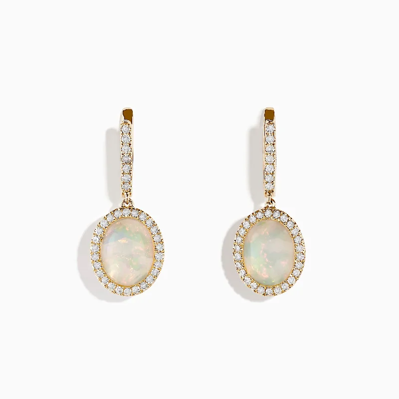 Ladies Earrings with Brown Andalusite-14K Yellow Gold Opal and Diamond Drop Earrings