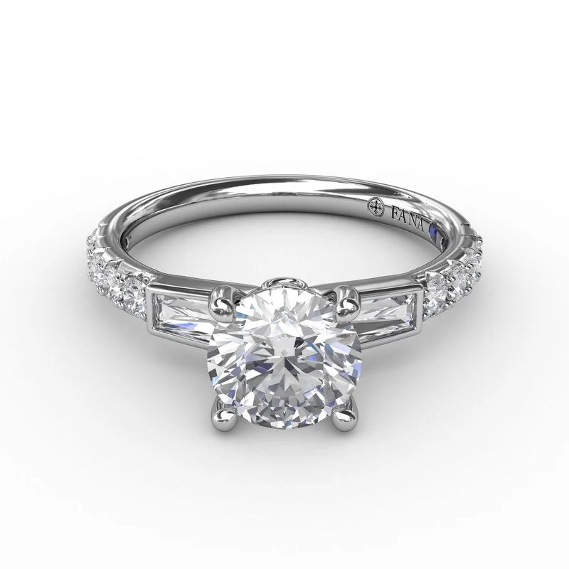 Ladies Engagement Rings with Okenite Shine-Three-Stone Round Diamond Engagement Ring With Bezel-Set Baguettes and Diamond Band S3296