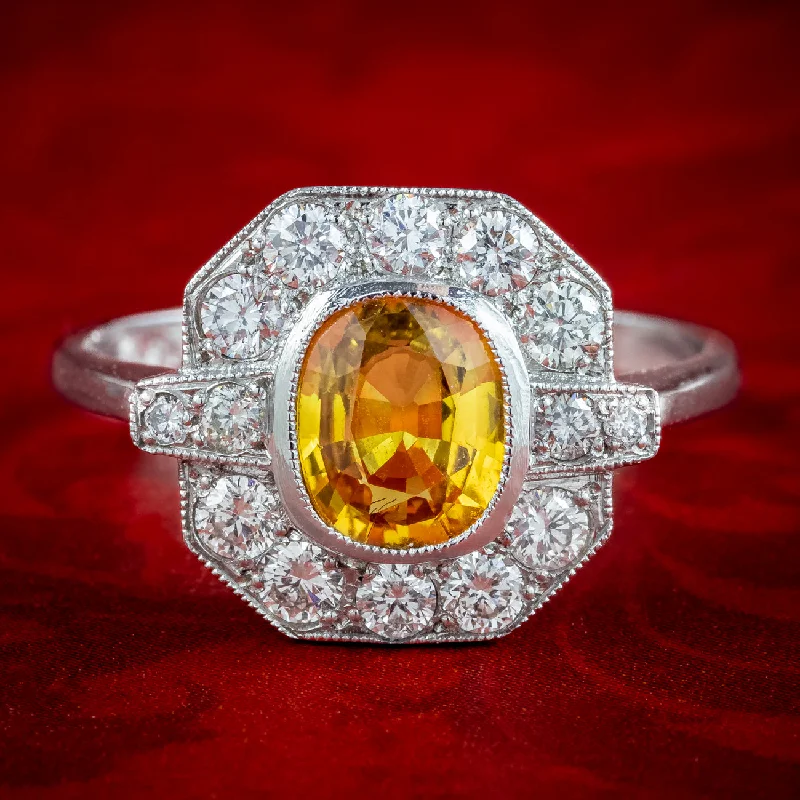 Ladies Tribal Rings -Art Deco Style Yellow Sapphire Diamond Cluster Ring 1.2ct Sapphire