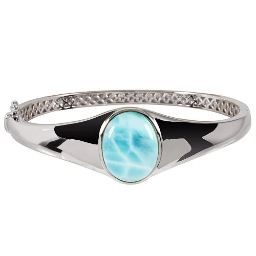 Ladies Uplifting Bracelets -Sterling Silver Stand-Oval Larimar Bangle Bracelet