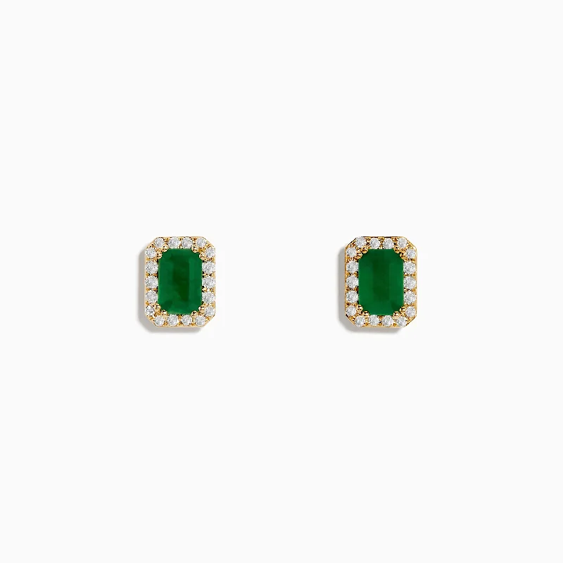 Ladies Earrings Long Fringe-14K Yellow Gold Diamond Halo Emerald Stud Earrings