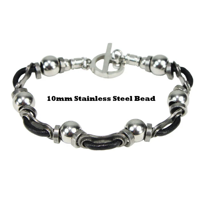 Ladies Silk Thread Bracelets -Stainless Steel Leather Link & Bead Bracelet