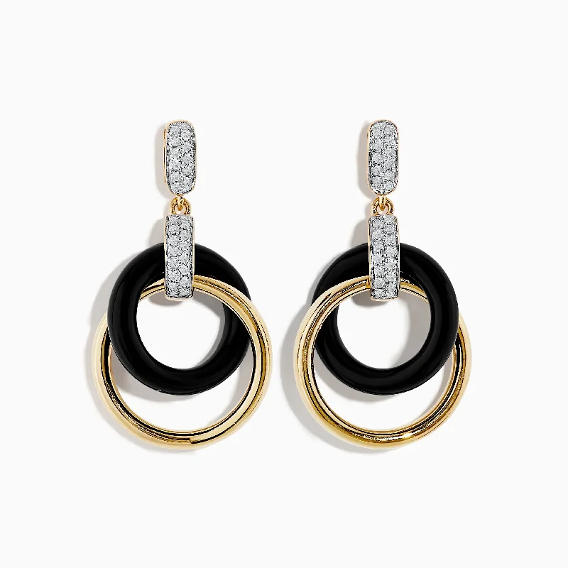 Ladies Earrings Tiny Hoops-Eclipse 14K Yellow Gold Diamond and Onyx Crossover Drop Earrings