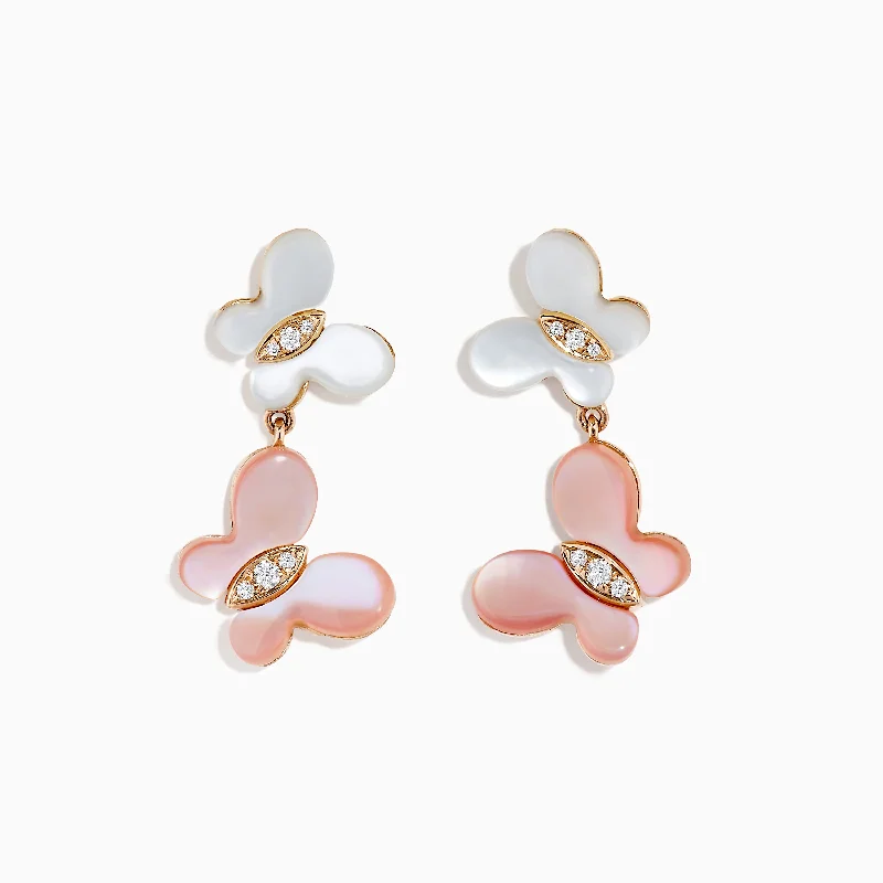 Ladies Earrings for Sport Shine-14K Rose Gold Mother of Pearl and Diamond Butterfly Earrings, 0.08 TCW