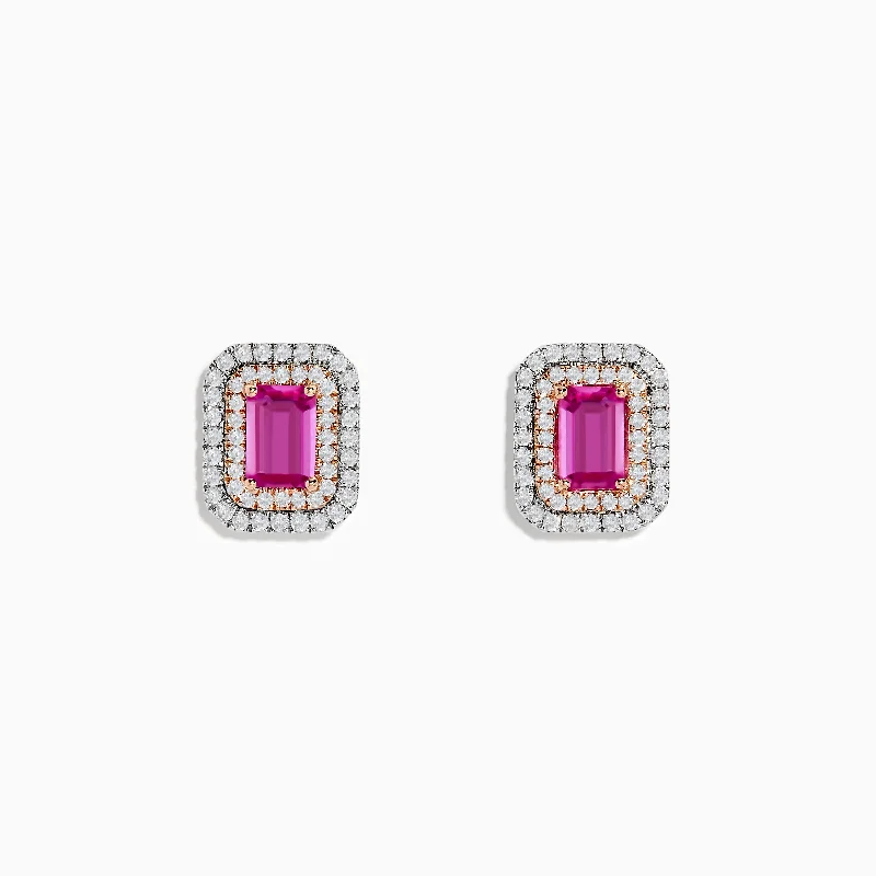 Ladies Earrings with Blue Sapphire-14K Two Tone Gold Pink Sapphire and Diamond Earrings