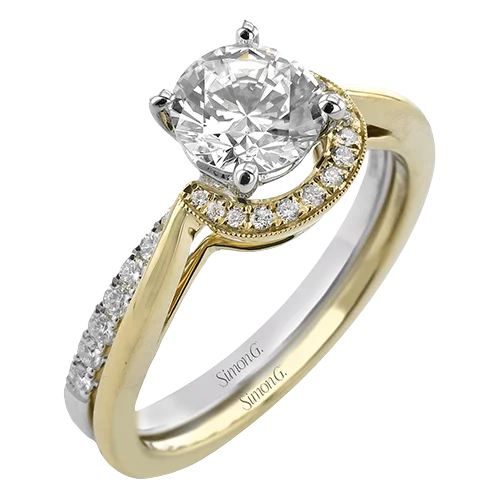 Ladies Engagement Rings with Muscovite Glow-Round-cut Half-Halo Engagement Ring & Matching Wedding Band in 18k Gold with Diamonds LR3231