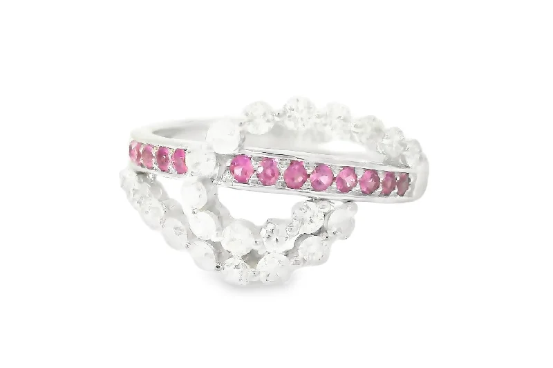 Ladies Elegant Rings -Stunning Estate 14K White Gold Diamond Pink Sapphire Swirl Designer Band Ring