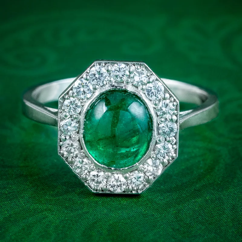 Ladies Wedding Rings -Antique Art Deco Emerald Diamond Cluster Ring 1.6ct Emerald