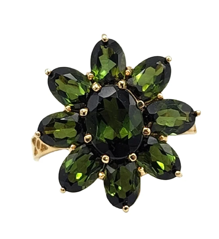 Ladies Rhinestone Rings -14K Gold Green Tourmaline Flower Ring