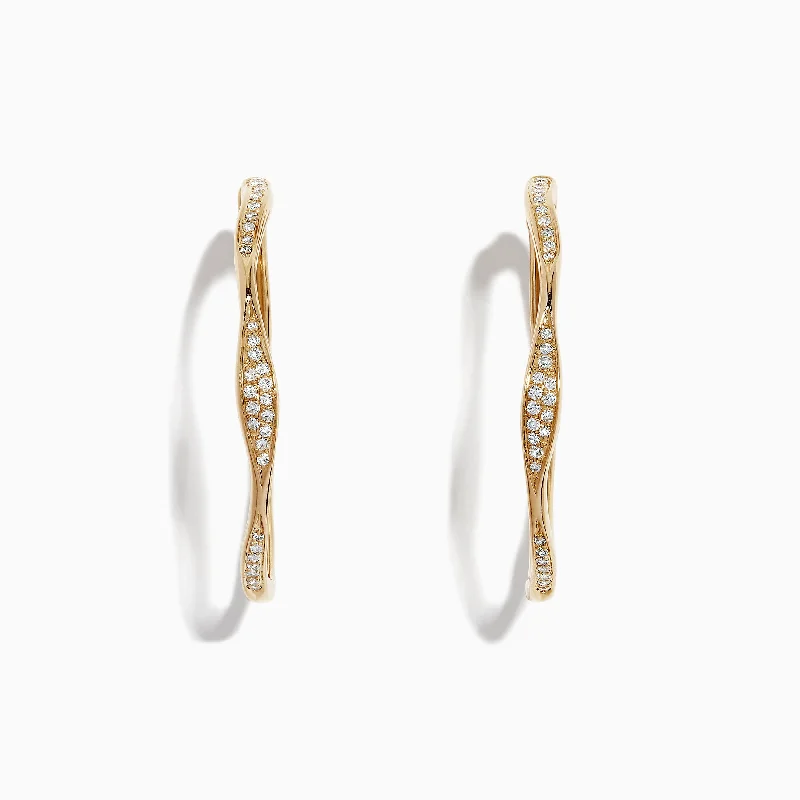 Ladies Earrings with Flame Glow-D'Oro 14K Yellow Gold 1 1/4" Diamond Wave Hoop Earrings, 0.25 TCW