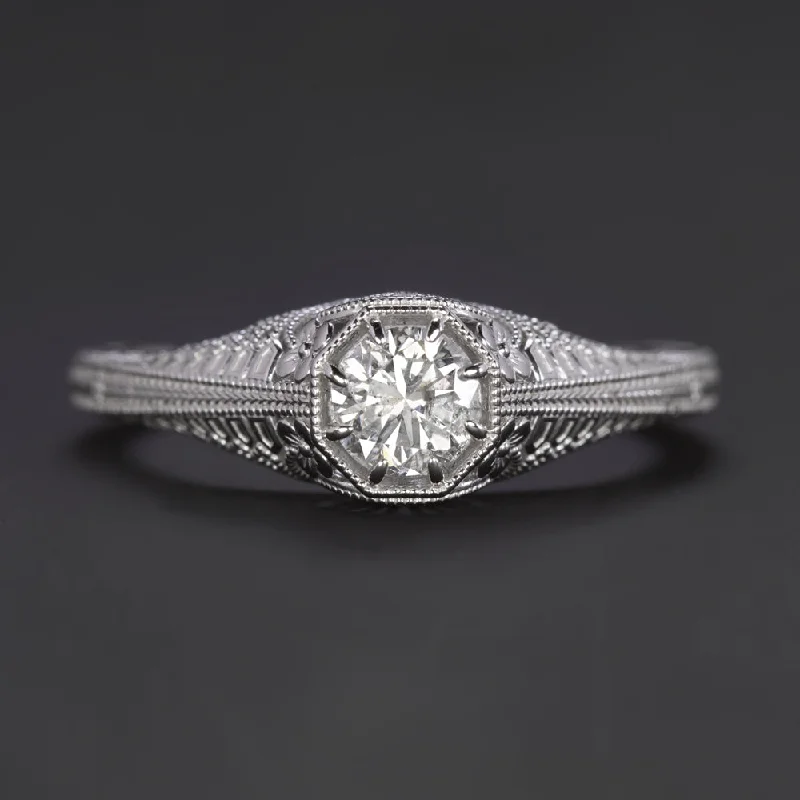 Ladies Engagement Rings Moon Spark-0.43c VINTAGE STYLE DIAMOND ENGAGEMENT RING E-F SI ROUND CUT WHITE GOLD FILIGREE