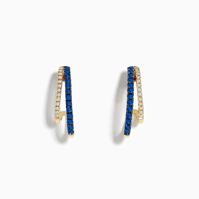 Ladies Earrings with Lilac Iolite-Royal Bleu 14K Yellow Gold Sapphire and Diamond Double Hoop Earrings