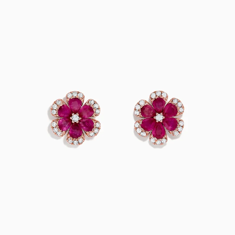 Ladies Earrings with Coral Kornerupine-Nature 14K Rose Gold Ruby Flower Stud Earrings, 2.28 TCW