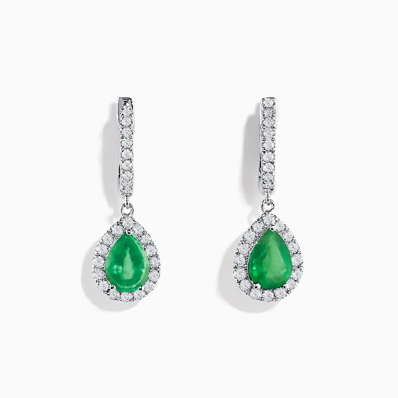 Ladies Earrings with Yellow Xenotime-Brasilica 14K White Gold Emerald and Diamond Drop Earrings