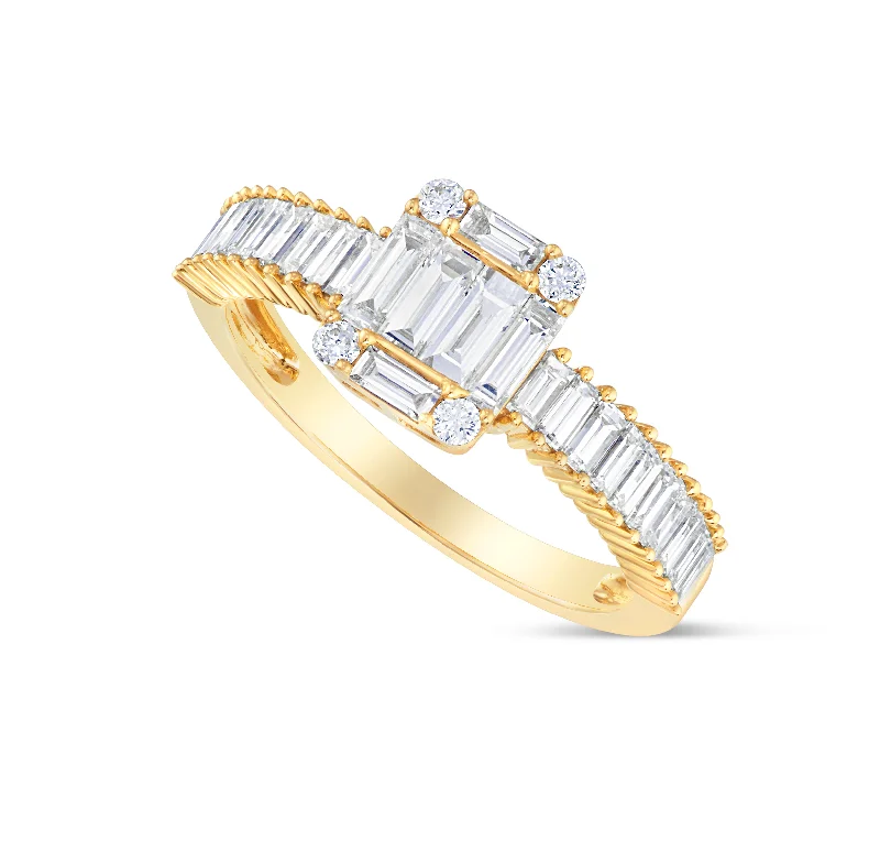 Ladies Engagement Rings with White Spark-18K Gold 1.07ct Baguette Diamond Cluster Square Engagement Ring