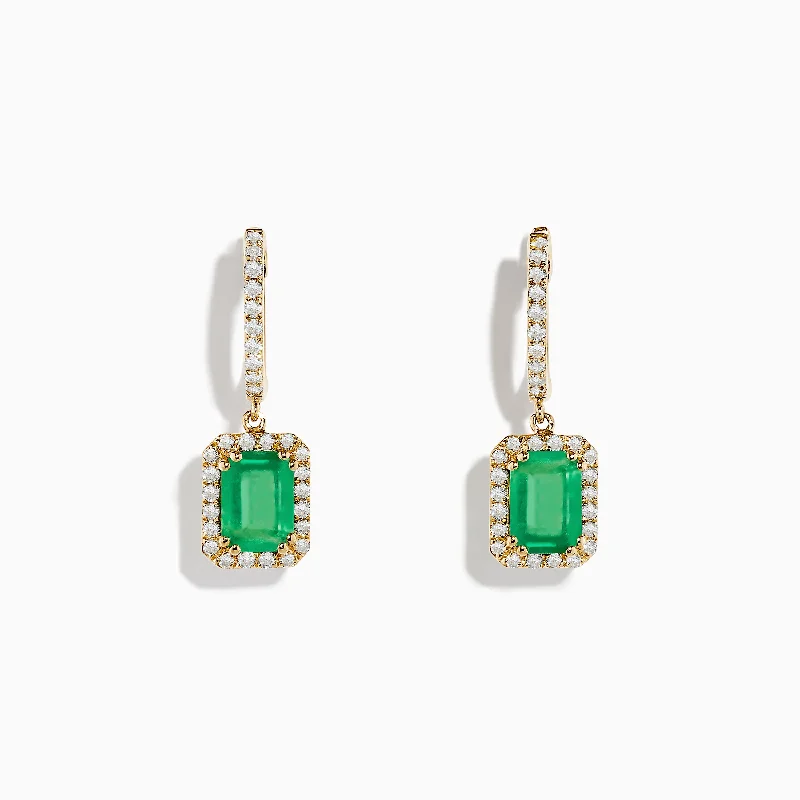 Ladies Earrings with Celestial Glow-14K Yellow Gold Emerald and Diamond Drop Earrings