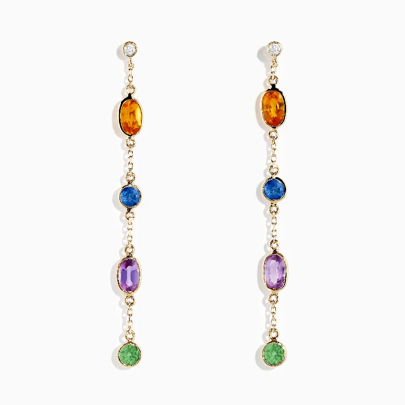 Ladies Earrings with Cross Glow-14K Yellow Gold Multi Color Sapphire and Diamond Station Earrings