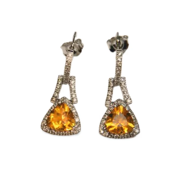 Ladies Earrings Sterling Glow-Gorgeous 14K White Gold Trillion Citrine Diamond Drop Earrings